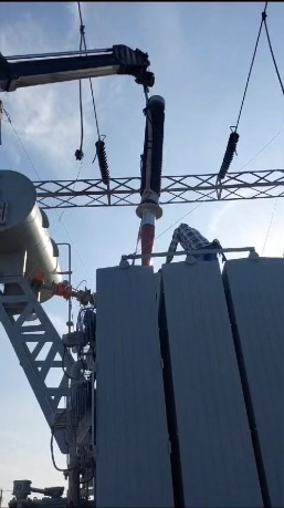Outdoor transformer installation with crane